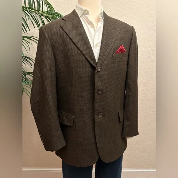 HAROLD POWELL BLAZER SIZE 44 BROWN CHECK SPORT COAT WOOL CASHMERE SUIT JACKET